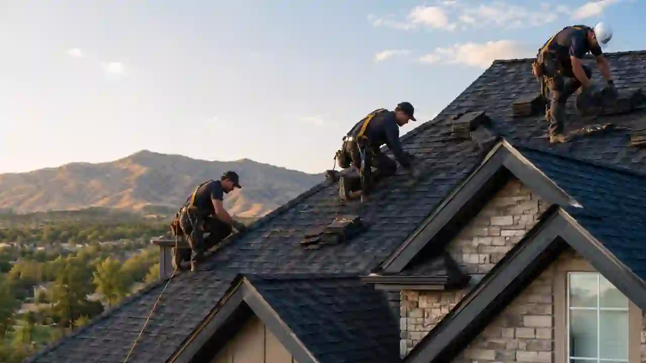 Roofing job in progress in Caldwell, Idaho Roofing crew installing new shingles on a Caldwell, Idaho home