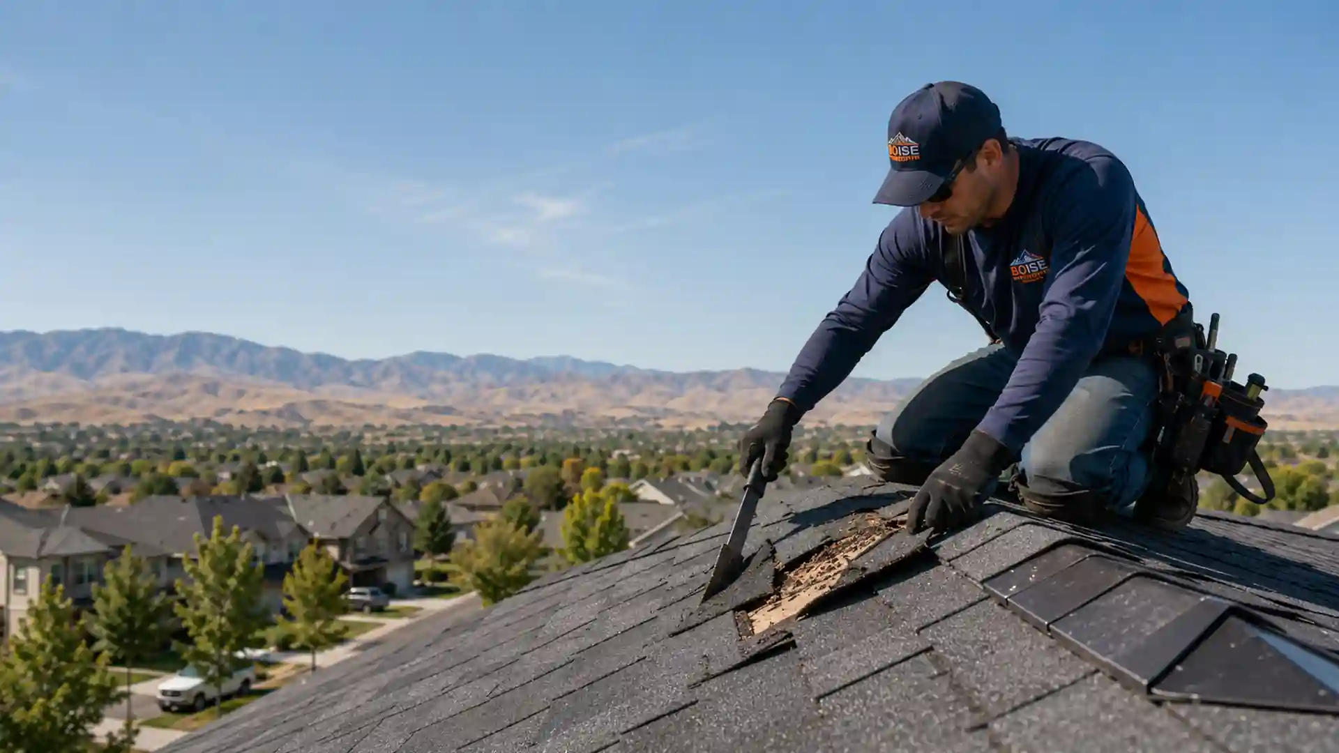 Roofer repairing storm-damaged shingles on a Nampa, Idaho house