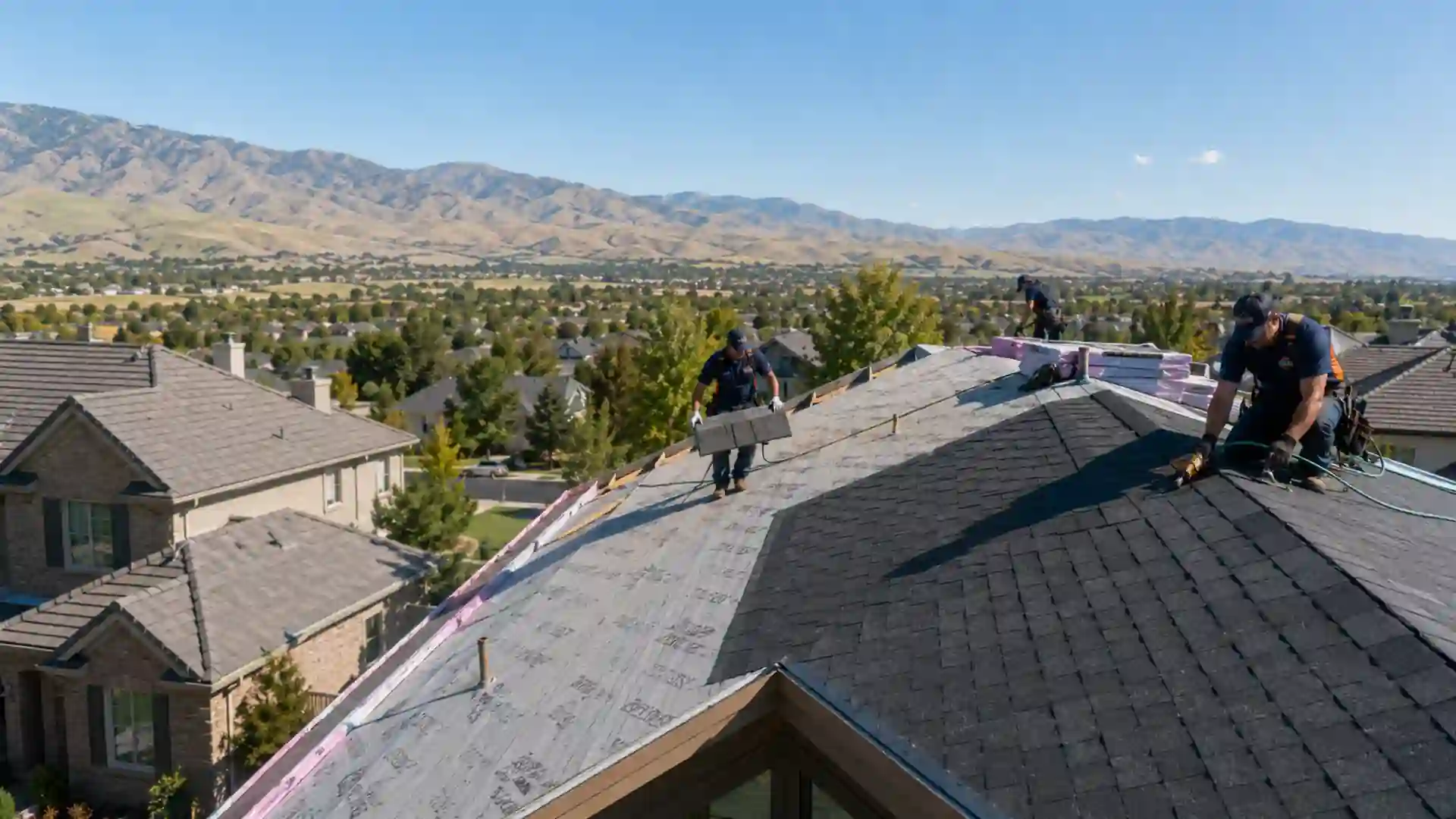 Roofing crew replacing an asphalt shingle roof on a Meridian, Idaho home
