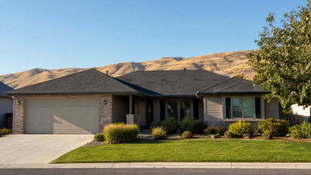 Asphalt shingle roof on a Boise home under clear sky