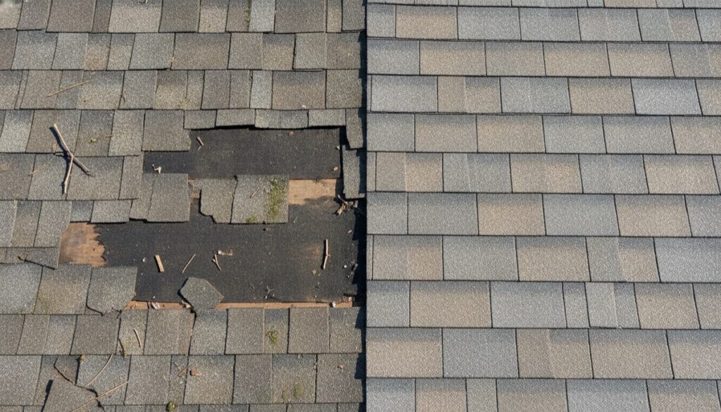 Close-up comparison of damaged roof shingles next to newly repaired asphalt shingles