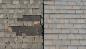 Close-up comparison of damaged roof shingles next to newly repaired asphalt shingles