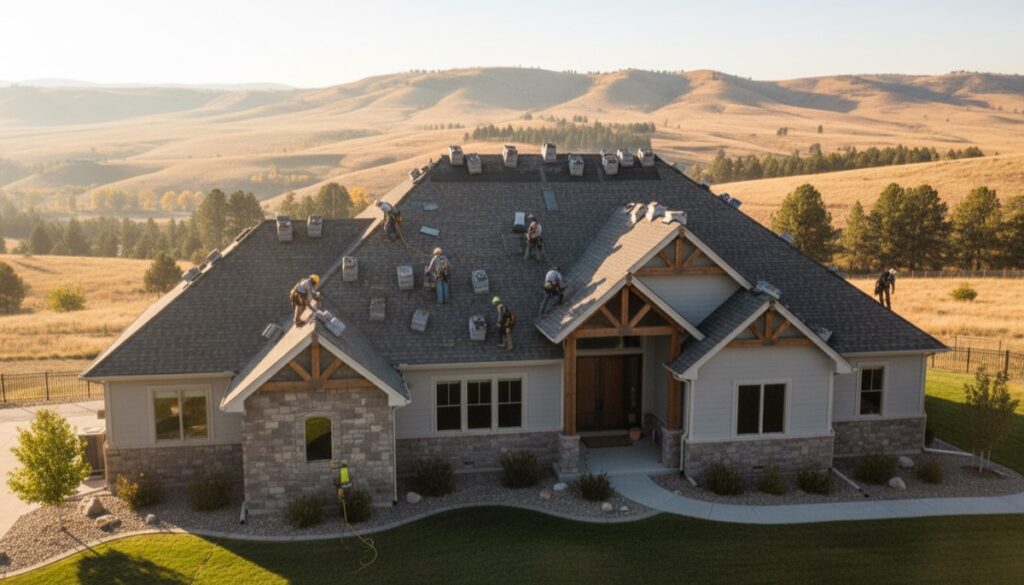 Roofing crew installing a new asphalt shingle roof on a home in Boise, Idaho