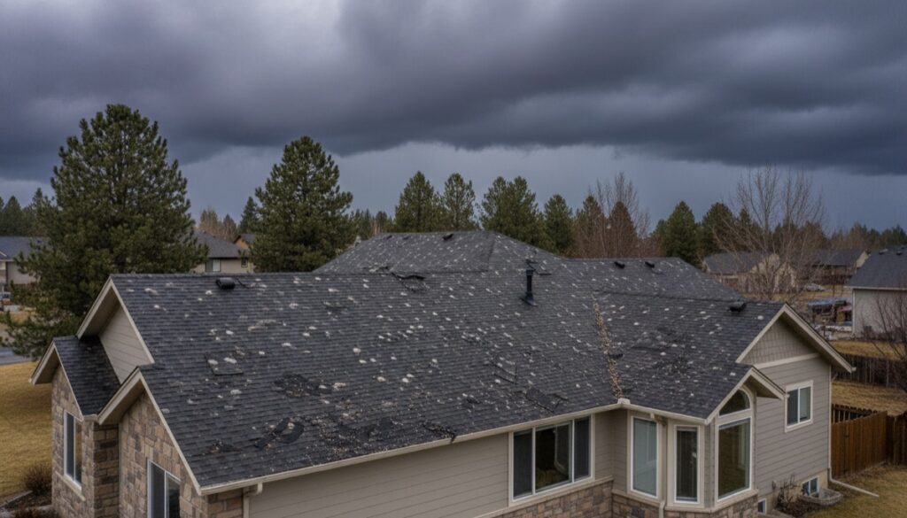 Residential roof with visible hail damage under a stormy sky in Boise, Idaho