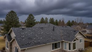 Residential roof with visible hail damage under a stormy sky in Boise, Idaho